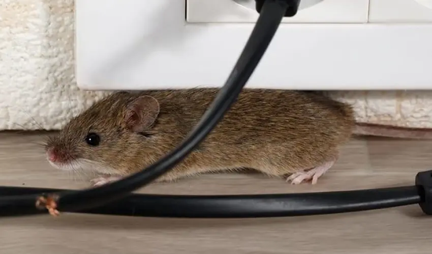 Mouse Behind a Chewed Wire in Home
