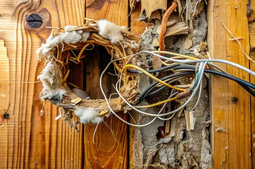 A mouse nest made from sticks and wires in an attic