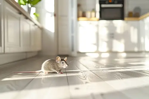 A rodent on the floor of a kitchen