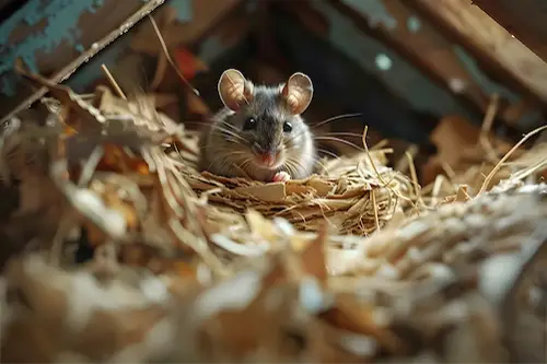 A mouse in a rats nest in an attic