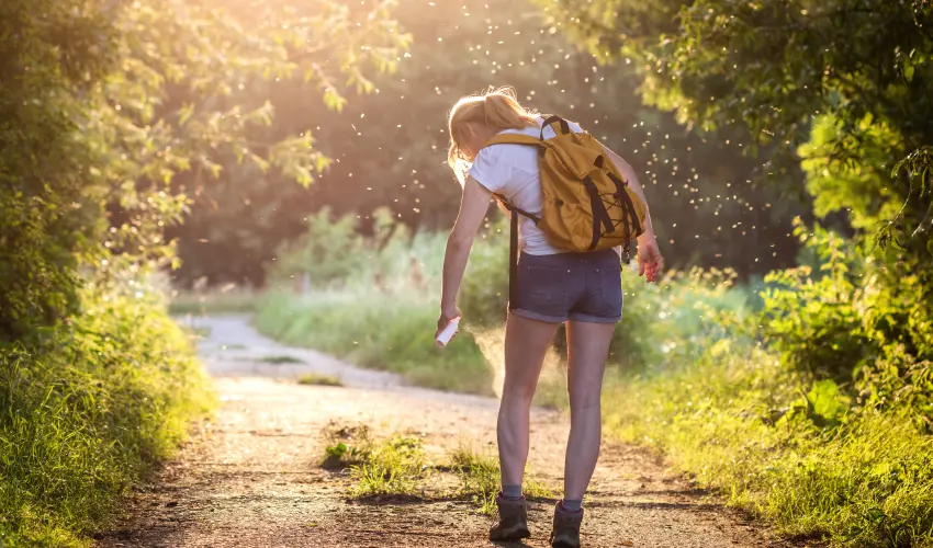 Hiker sprays legs with mosquito repellent. Mosquitoes do pose some dangers, but thankfully Action Pest Control can help keep them away.
