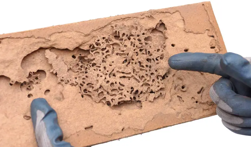 Person holding an example of termite damage. Action Pest can prevent termite damage before it destroys your home or business.