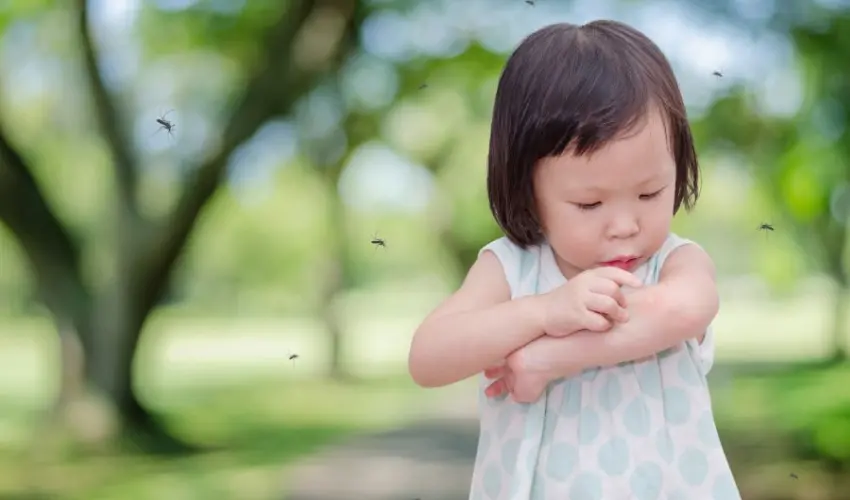 A toddler inspects her arm after getting a mosquito bite. Contact Action Pest Control to learn how to protect against mosquito bites.