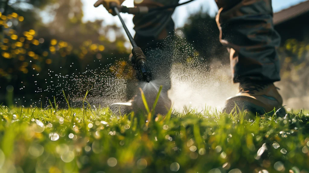 Pest control technician spraying a lawn for pests.