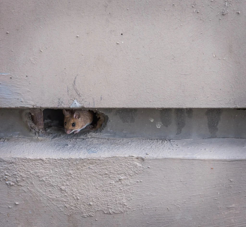 A small field mouse peaking out of a hole in the side of a wall.