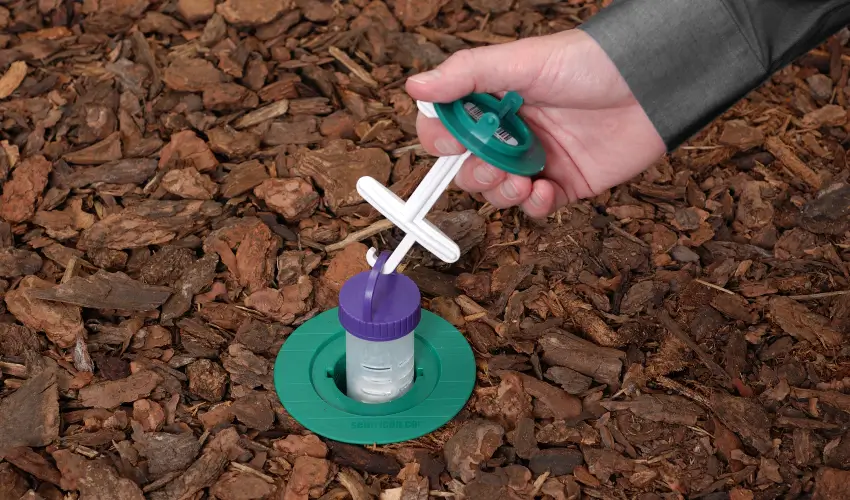 A Action Pest Control technician inspecting a Sentricon termite bait station that is installed in a residential yard