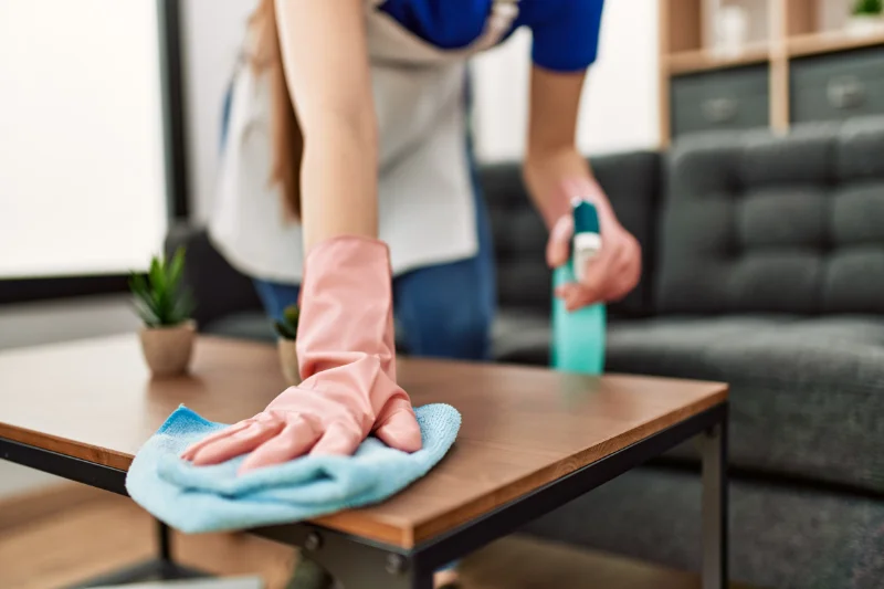An Indiana homeowner wiping down their coffee table after spraying it with cleaning solution