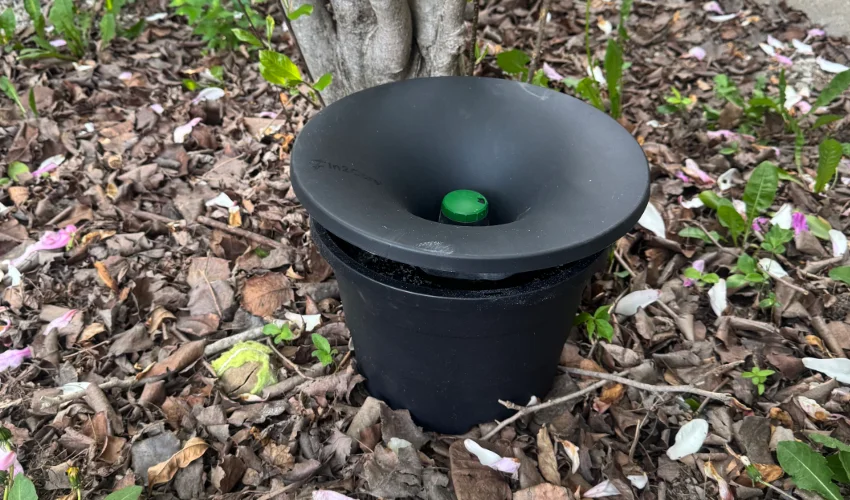 Photo of a Indiana residents backyard In2Care installation placed amongst a pile of leaves.