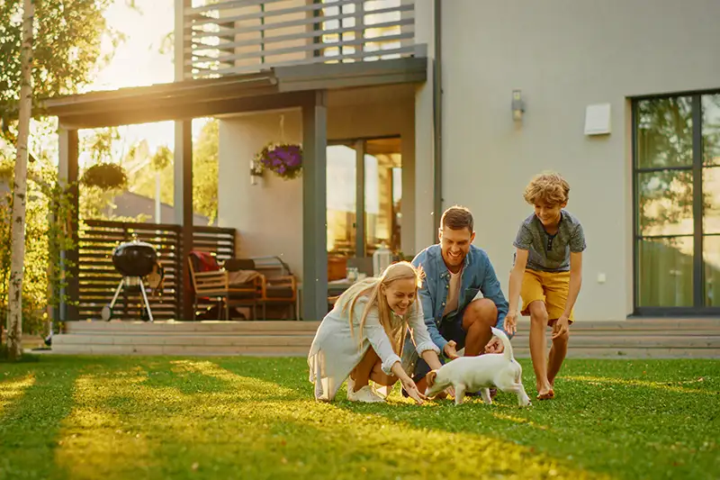Family playing with dog in front yard in the evening before sunset.