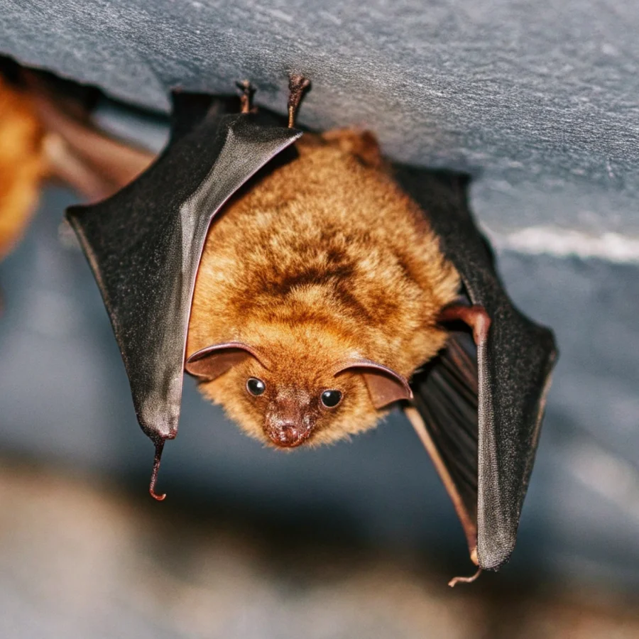 Close-up portrait of a brown bat with dark folded wings clinging to an indoor wall or overhang.
